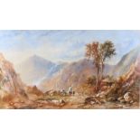 19th Century school, exceedingly large watercolour of figures in a mountainous pass, indistinctly