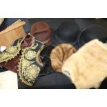 Two Dunn & Co. bowler hats, fur waistcoat and hat, lizard skin handbag etc. (qty)