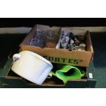 Green jug and bowl set, three bed pans, crested china, glass dishes etc (qty)