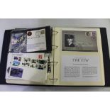 Second World War ephemera album, containing stamps, Churchill related postcard and anniversary coin,