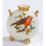 Royal Worcester spherical vase, the twin-handled body decorated with two birds amongst floral sprays