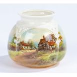Royal Worcester quatrefoil shaped vase, the body picturing houses on a seacoast, the four panels