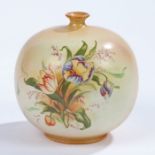 Royal Worcester style spherical vase, the body with floral sprays on a blush ground, marked to the