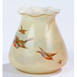 Royal Worcester baluster vase, the ivory ground decorated with birds mid-flight below a gilt rim,