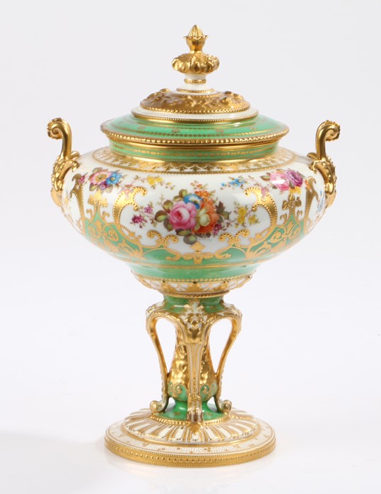 Royal Crown Derby porcelain vase and cover, in green and white with gilt swags and foliate