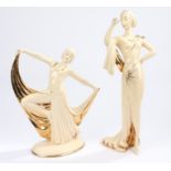 Pair of Art Deco style porcelain figures, both of ladies with gilt decorations, marked to the