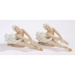 Pair of Wallendorf porcelain ballerinas, depicted in seated positions with arms outstretched, 19cm