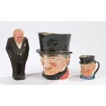 Royal Doulton character jugs John Peel, Mr Micawber, Winston Churchill figure (3)