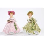 Pair of Alfretto by Maruri figures, wearing pink and green dresses , 17.5cm high (2)Both figures