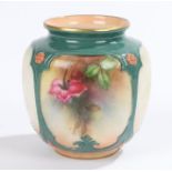 Royal Worcester ovoid vase, the body decorated with panels of flowers on a cream and green