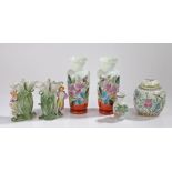 Porcelain and glass, to include a pair of figural vases, a pair of glass flower decorated vases, a