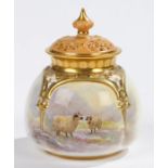 Royal Worcester pot pourri vase, the paneled body picturing two rams, the pierced cover with gilt