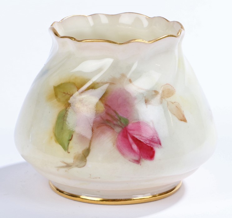 Royal Worcester ovoid footed vase, the body decorated with roses on a sky blue and cream ground, - Image 2 of 2