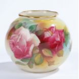 Royal Worcester porcelain spherical vase, the spirally twisted body decorated with roses, signed