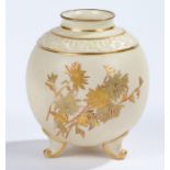 Royal Worcester porcelain spherical vase, the body with gilt floral decorations on an ivory