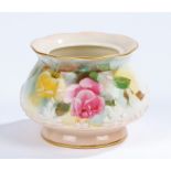 Royal Worcester pedestal vase, the body decorated with roses on a sky blue and yellow ground, the