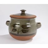 David Lloyd Jones pottery bread crock and cover, the grey body with stylised leaf decoration,