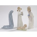Four Lladro figures, Virgin Mary, Prince with blue car, girl with musical instrument, sleeping