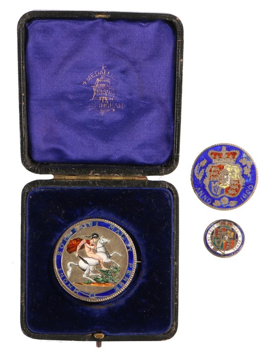 Enamelled coins, to include a George III Crown, George III Half Crown and a George III Sixpence, (