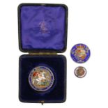 Enamelled coins, to include a George III Crown, George III Half Crown and a George III Sixpence, (