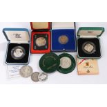 Coins, to include a 1994 silver proof fifty pence piece, Edward VII Half Crown, Marie Theresa re-