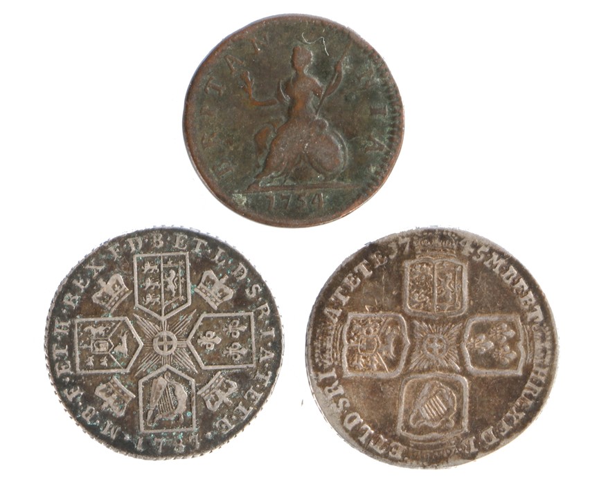 George II Shilling, 1745, Lima (S. 3703) together with a George III Farthing 1754 (S. 3722) and a