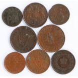 Coins and Tokens, to include a Lackington 1795 Book Half Pence token, George III Hibernia 1803,