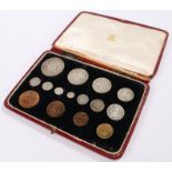 George VI 1937 Specimen coin set, Crown to Farthing, housed within a red leather case