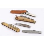 Collection of five penknives, to include a bone handled example, horn handled two steel and a