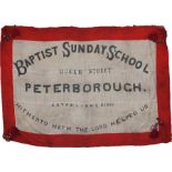Early to mid 20th century church banner, constructed from white wool bunting with a machined red