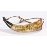 19th Century powder horn, named John Wood, Horn, with a pair of figures standing by a path with