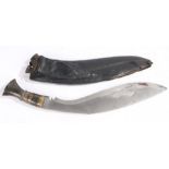 20th Century Kukri, fullered blade, wooden handle with brass handle ring and butt cap, leather bound