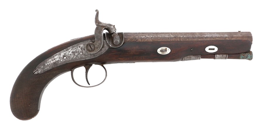 19th Century British overcoat percussion pistol, engraved lock marked ' R.Bolton ', octagonal barrel