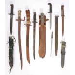 Second World War British army machete in scabbard, together with a diving knife and other bayonets