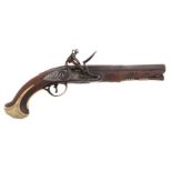 18th century flintlock pistol with swan neck cock, engraved lock,and ornate brass mountings, proof