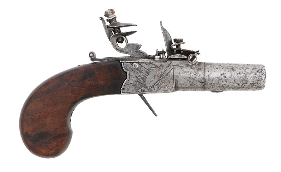 18th Century flintlock box lock pocket pistol, marked on the frame to ' H. Nock, London