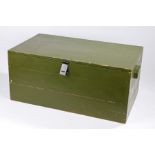 U.S. Army style military foot locker, pine construction, painted olive green, with clasp for padlock