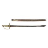 British 1742 pattern Infantry Hanger, slightly curved single edged blade marked at the end with what
