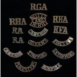 Collection of British army brass shoulder titles, Royal Horse Artillery, Royal Field Artillery,