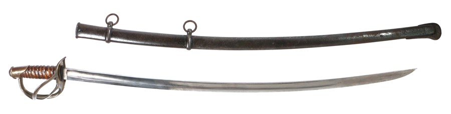 A reproduction U.S. 1864 Light Cavalry Sabre, stamped 'C.S.A.' on the ricasso, held in steel