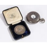 George V silver half hunter pocket watch, the case Birmingham 1929,maker Aaron Lufkin Dennison,