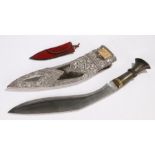 Kukri with horn handle, the silver scabbard with depiction of a dancing warrior and with gold