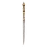 Indo Persian dagger, straight double sided blade with engraved decoration to ricasso, white metal