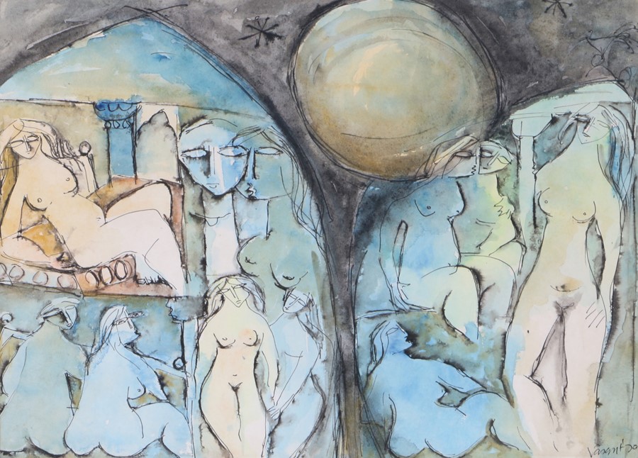 Vasant Narayan Chinchwadkar (B1934), female nudes in an interior, signed watercolour, dated '70,