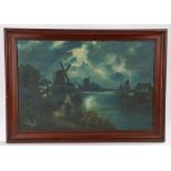 W Reed (20th Century) Dutch riverside by moonlight oil on canvas signed 60cm x 40cm plain wood