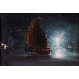 Possibly William Cook Chinese junk under sail in moonlight oil on canvas 21cm x 14cm framed