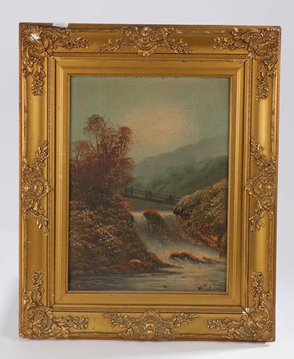 W Cullens (late 19th Century) rocky stream, waterfall & foot bridge oil on canvas signed 32cm x 44cm