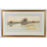 George Oyston, Sheep by a stream, signed watercolour, 51cm x 22cm