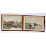 W Whitaker, Fenland waterways, a pair: crossing the bridge & inn by the wharf, watercolour, each