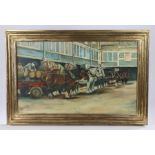 Tolly Cobbold interest, Loading onto wagons at the brewery, signed Collins, oil on board, 71cm x